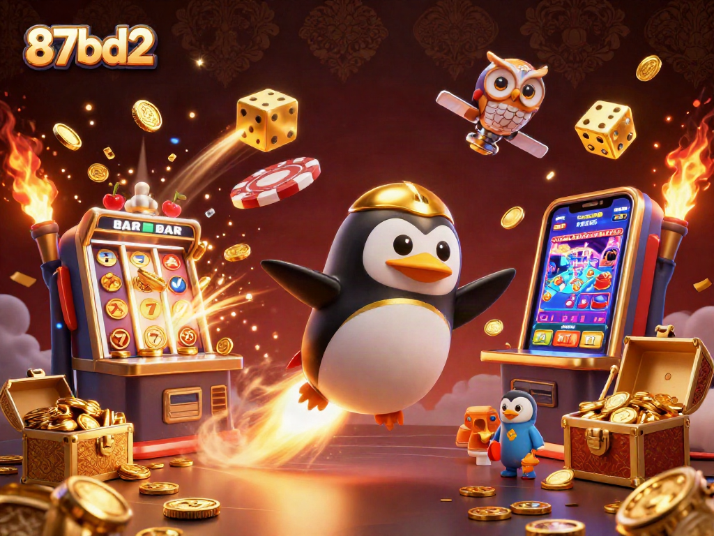 Experience the excitement of 87bd2 with a golden penguin rocket racing towards a jackpot-filled casino