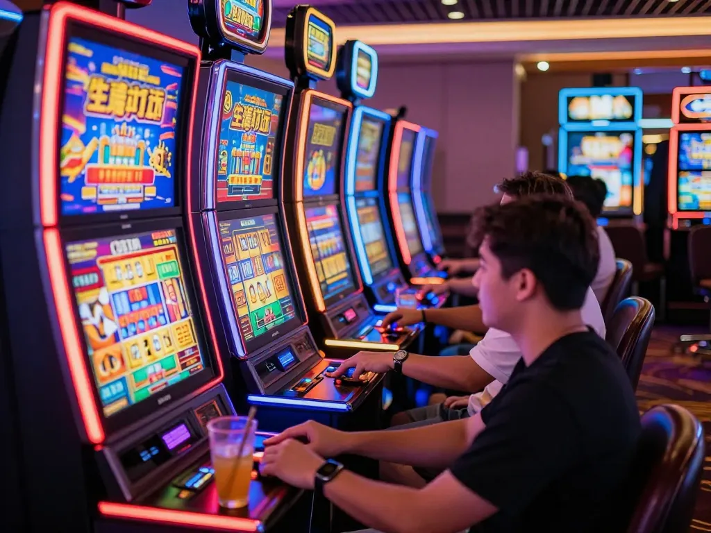 Players enjoying the fun88s slot machines with colorful displays, vibrant atmosphere and engaging gameplay.