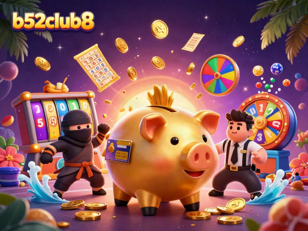 Engage in fun wins at b52club8 with a spectacular scene of gaming excitement and characters.