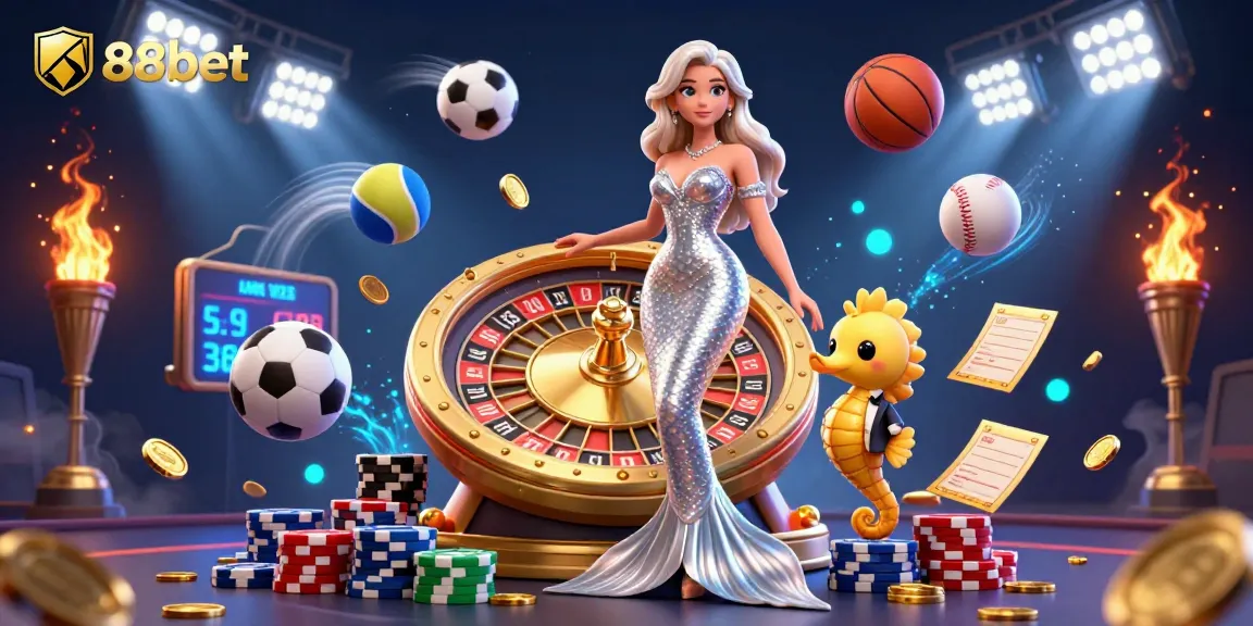 Bet with 88bet using a stunning mermaid and golden roulette wheel illustration, packed with action and energy.