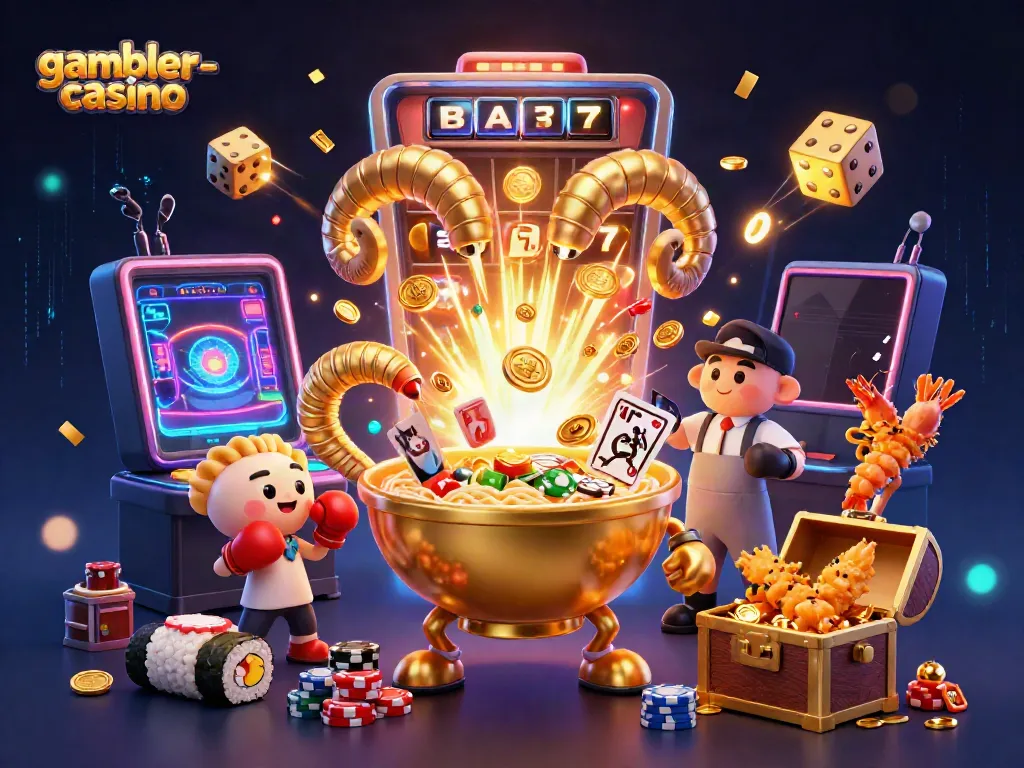 Spela på gambler-casino med en stor guld ramen-skål som hanterar kort och färgglada spel i en festlig miljö.