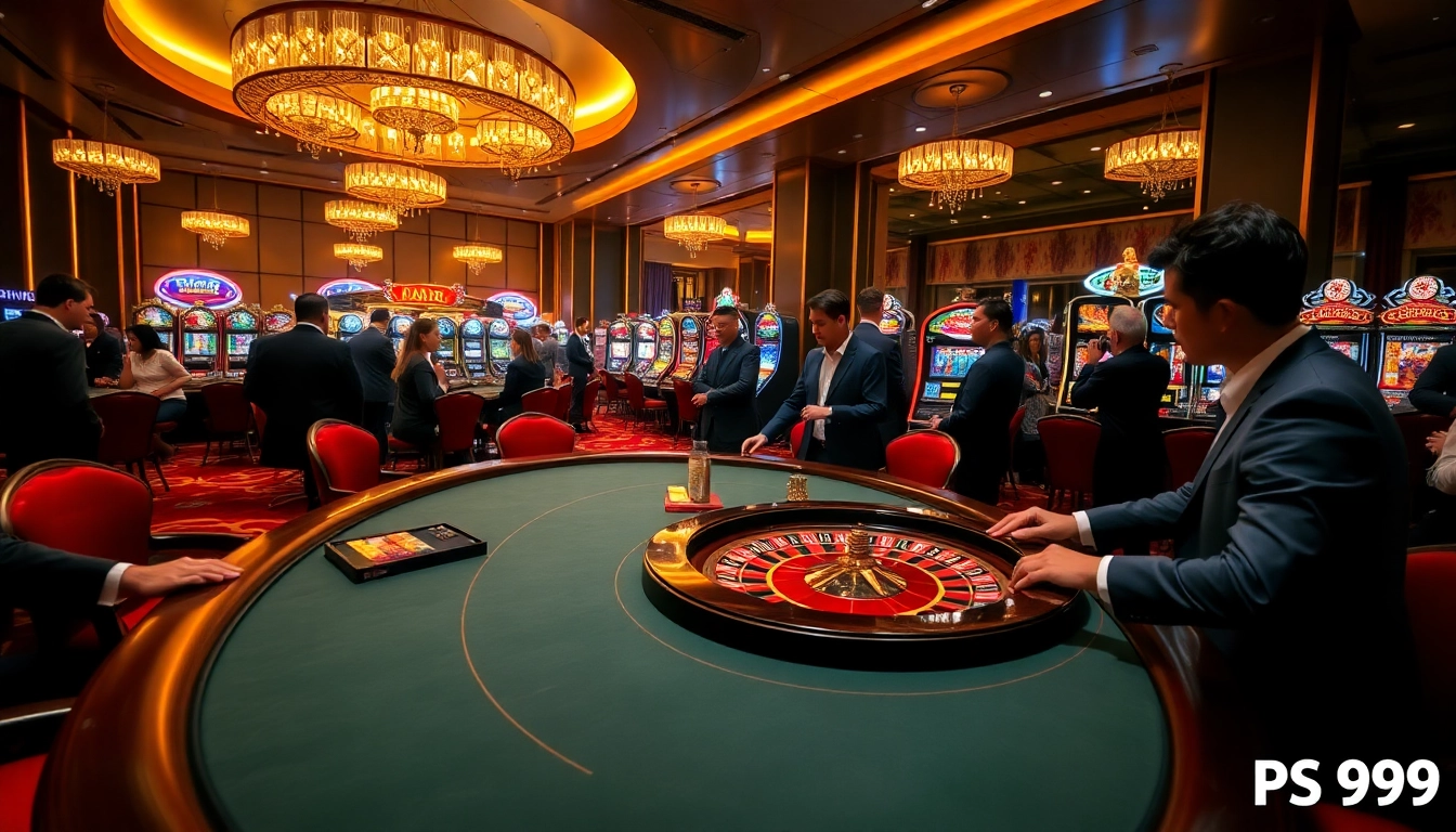 Engaging gamblers at PS 99's luxurious casino table surrounded by captivating slot machines.
