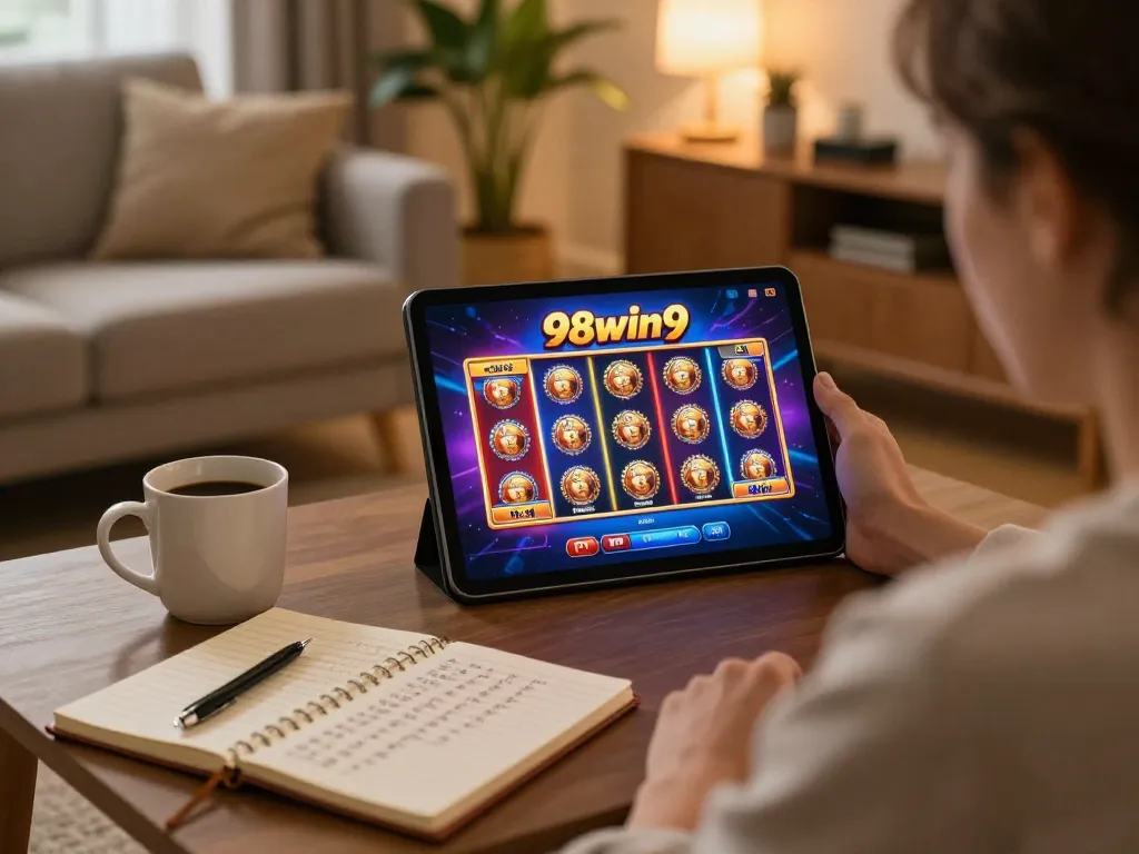 Engaged user playing slots on 98win9 tablet in cozy home atmosphere