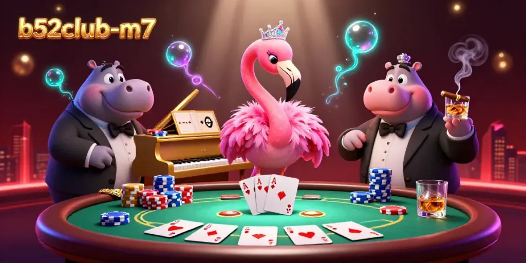 Join the lively scene at b52club-m7 with a flamingo singer and hippo bassist at the casino's vibrant table.