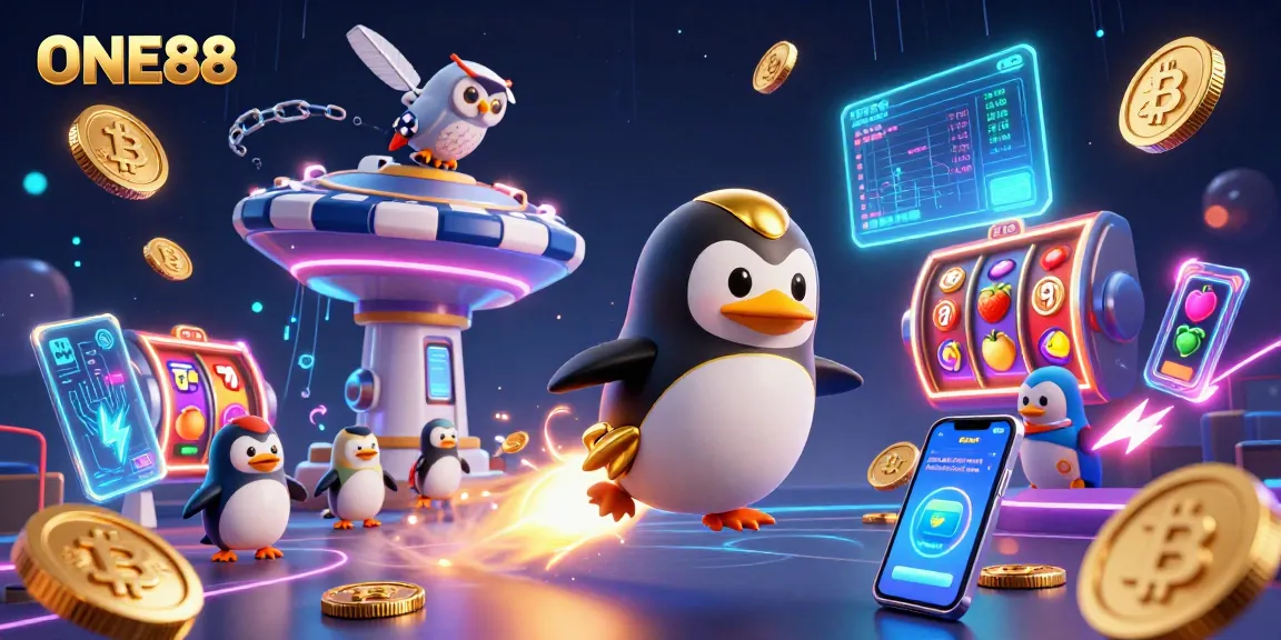 Experience ONE88 with a rocket-powered penguin soaring past crypto coins and vibrant slots.