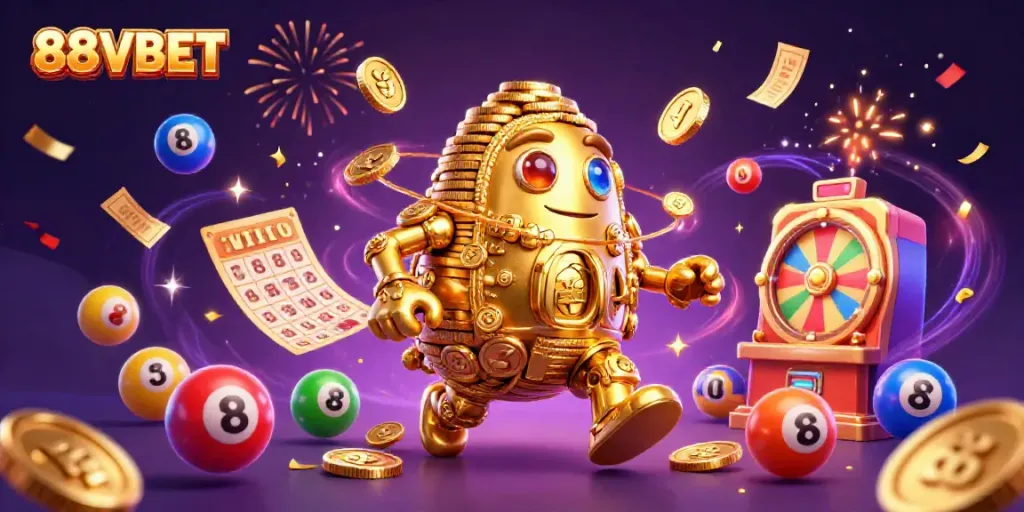 Engaging 3D scene of a golden golem symbolizing 88VBET, surrounded by dynamic lottery elements.