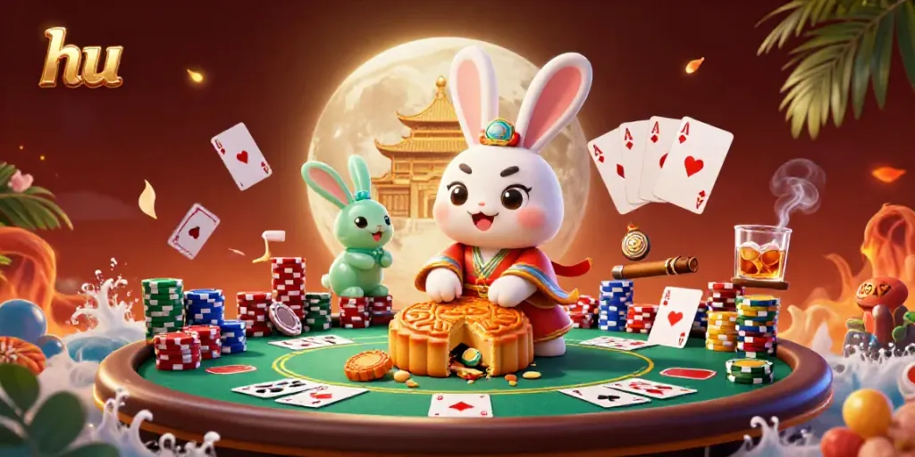 Engage in thrilling casino action as hu reveals poker chips from mooncakes in a magical lunar scene.