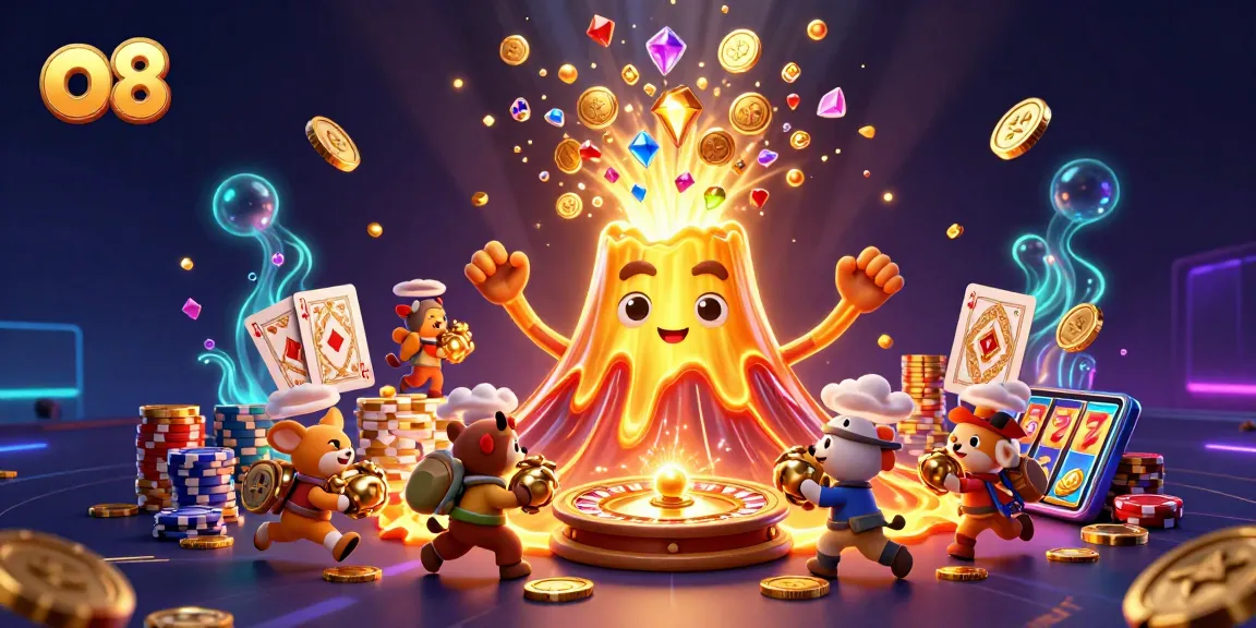 Experience thrilling wins at o8 with a golden volcano erupting treasure in this exciting casino scene.