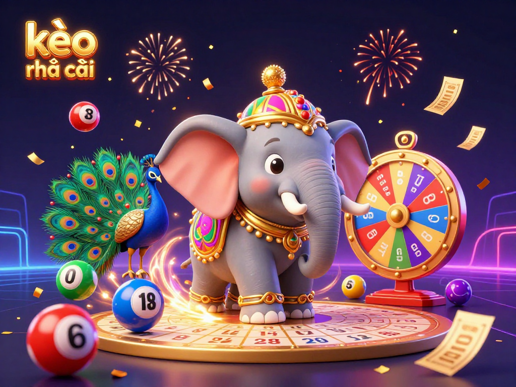 Experience kèo nhà cái's thrilling moments with vibrant elephants, dynamic lottery elements, and festive fireworks.