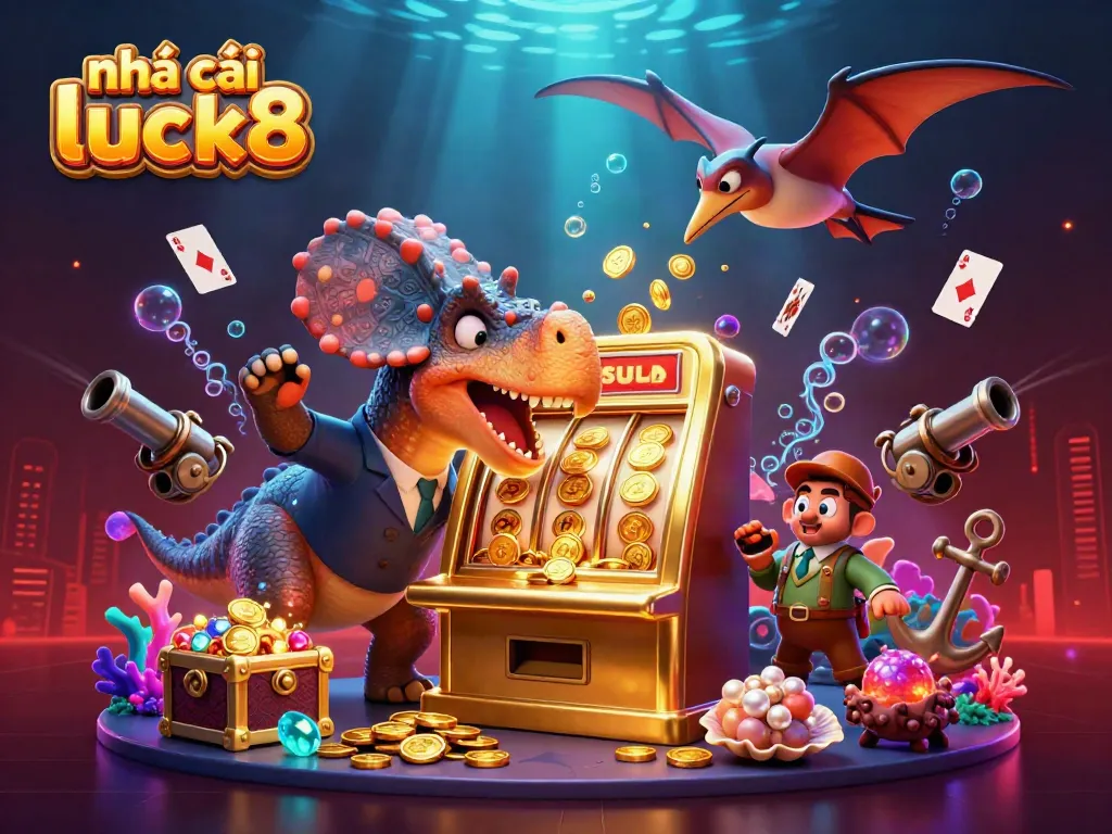 nhà cái luck8 features a colorful 3D scene with cartoon dinosaurs and jackpot elements enhancing an exciting gambling atmosphere.