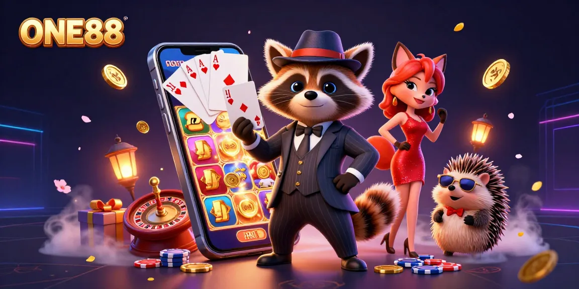 ONE88 raccoon casino scene featuring a royal flush, vibrant elements, and engaging characters.