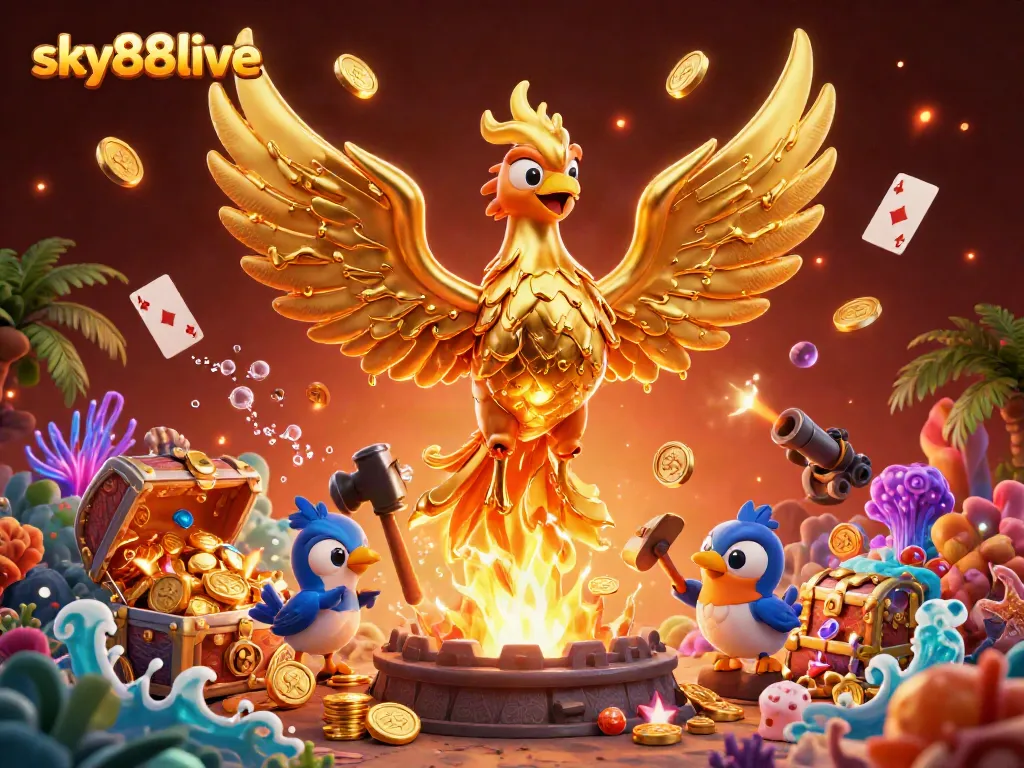Experience thrilling gameplay at sky88live with a stunning golden phoenix and vibrant casino elements.