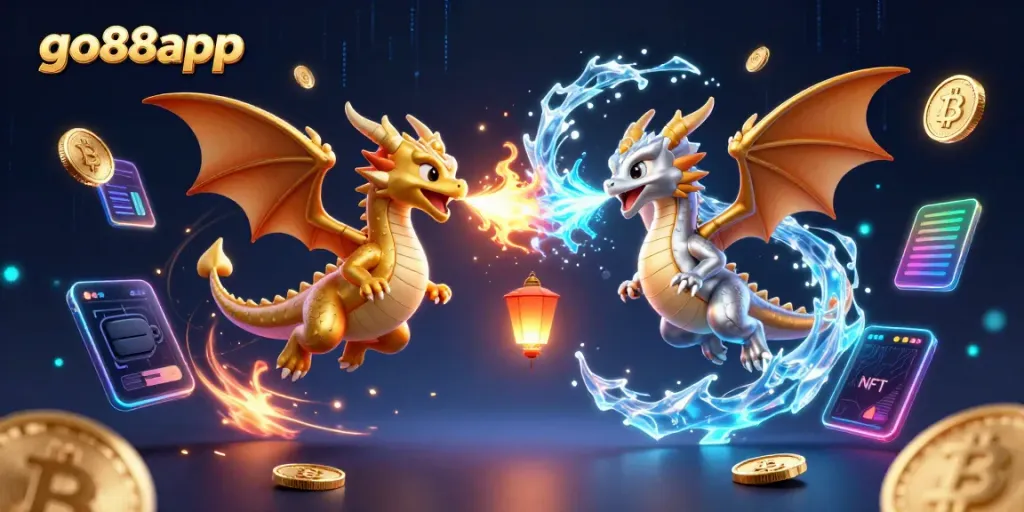 Immerse in the dynamic world of go88app with twin dragons creating a yin-yang scene amidst cryptocurrency elements.