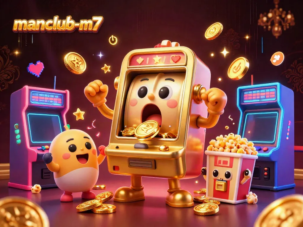 Play exciting games at manclub-m7 with a cheerful slot machine celebrating its jackpot.