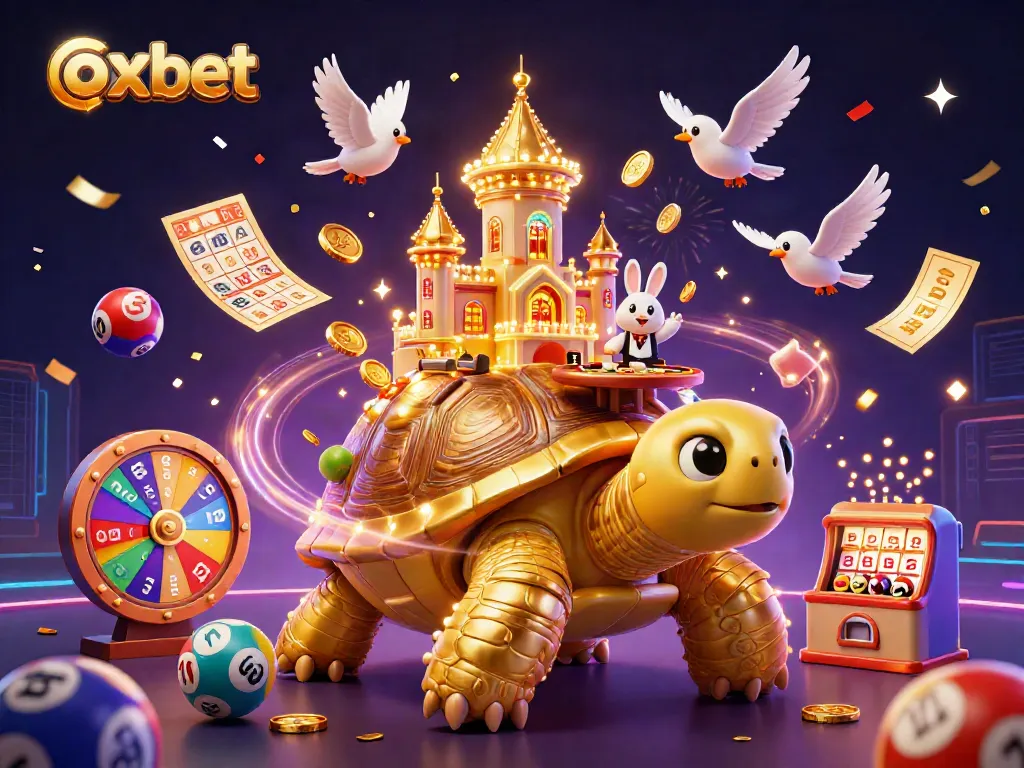 Experience the excitement at oxbet with a vibrant 3D casino scene featuring a golden tortoise, a rabbit dealer, and lottery elements.