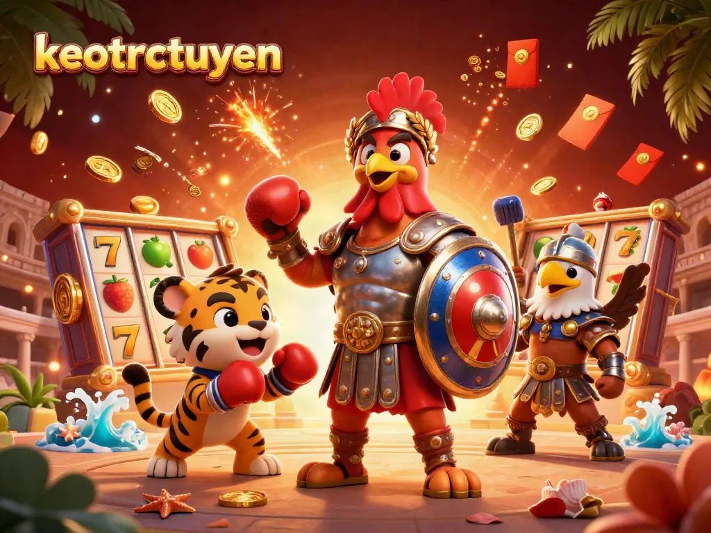 Engage with keotructuyen and immerse in a vibrant casino scene featuring a gladiator rooster, tiger cub, and exciting slot reels.