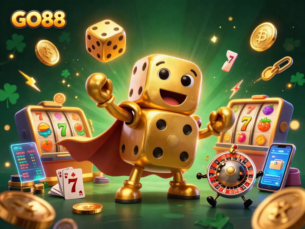 Engage with GO88’s vibrant casino scene featuring golden dice, slots, and glowing crypto coins.