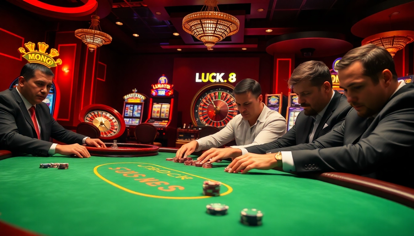 Luck8 players engaged in a thrilling game at a luxurious poker table in an upscale casino.