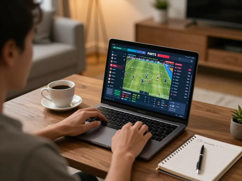 Betting enthusiast using 28bets platform on a laptop, analyzing live match odds in a cozy environment.
