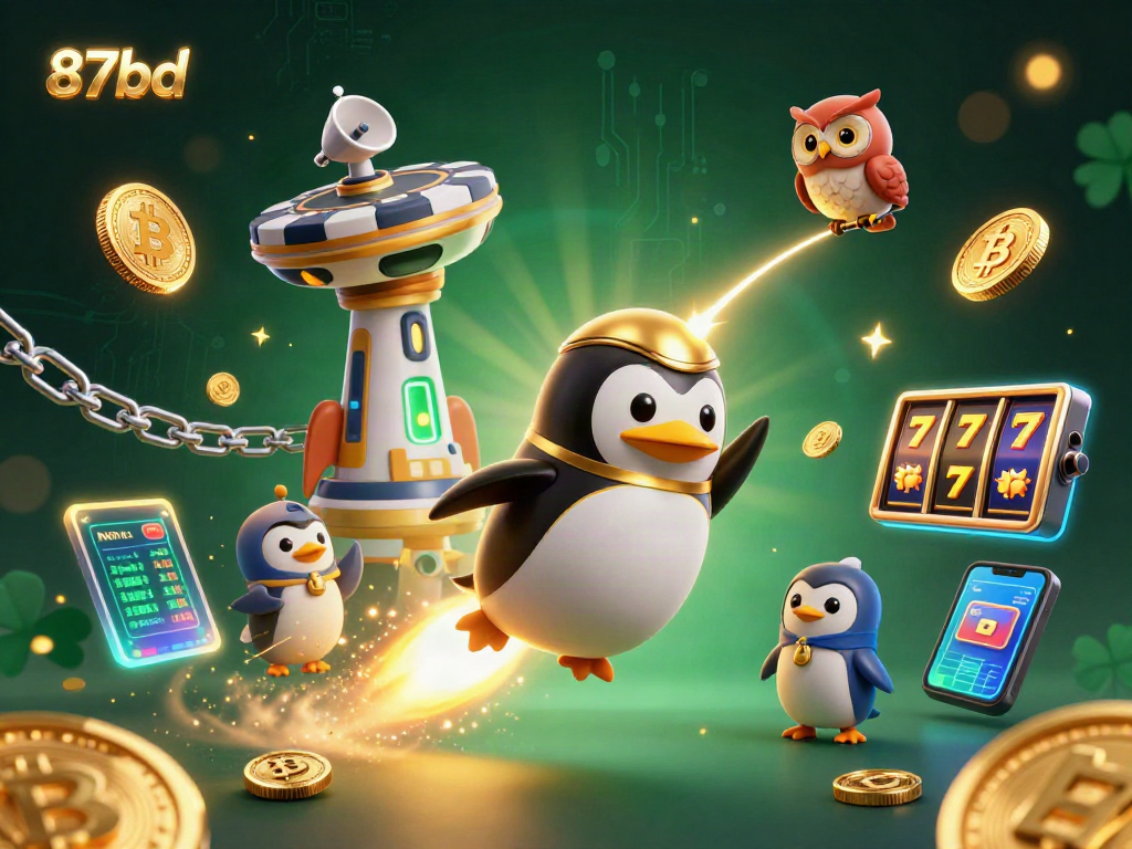 Experience the thrill of 87bd with a vibrant scene of a golden penguin rocket blasting through space, surrounded by crypto elements and casino lights.