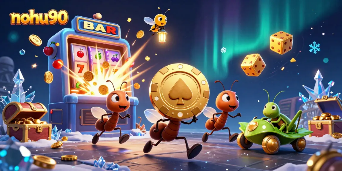 Join the heist at nohu90 with cartoon ants carrying a golden poker chip amidst exploding slot machines.
