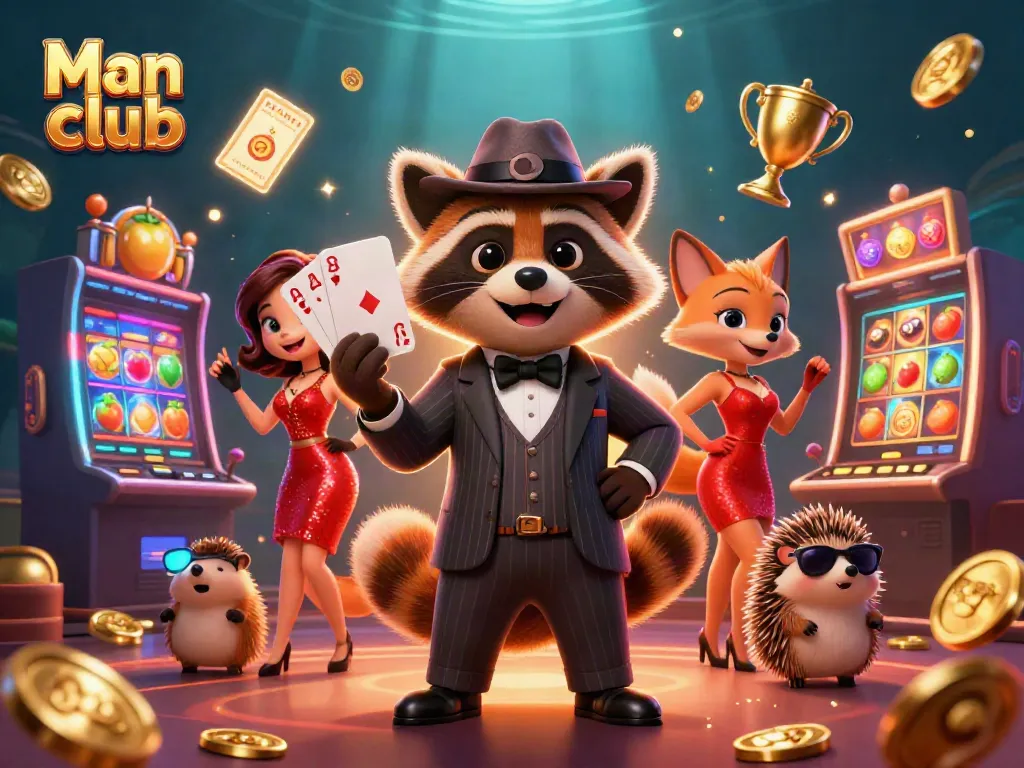 Engage with the lively Man club scene featuring a suave raccoon, a dazzling fox, and a bouncing hedgehog in a vibrant casino atmosphere.