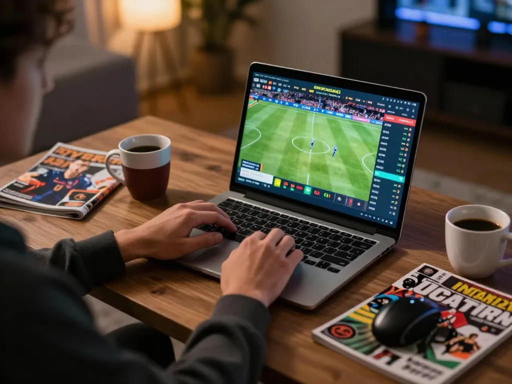Watch xem trực tiếp bóng đá on laptop while strategizing bets at home.