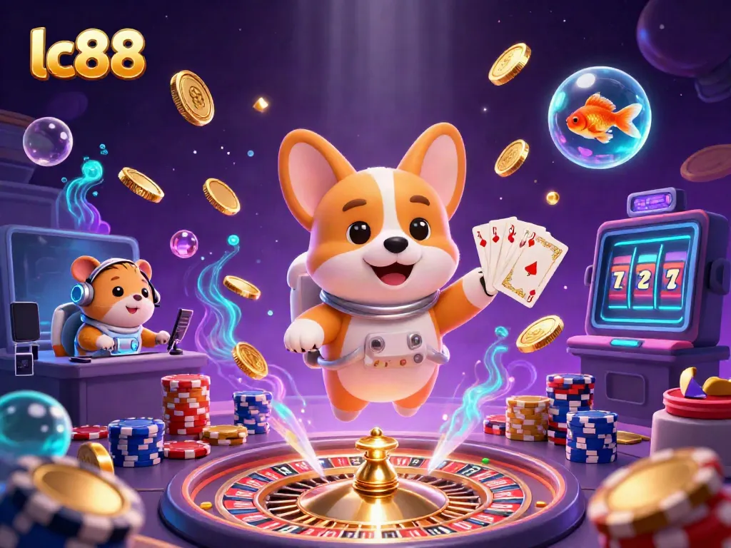 Experience thrilling gameplay at lc88 with a floating casino scene featuring a playful corgi and vibrant poker elements.