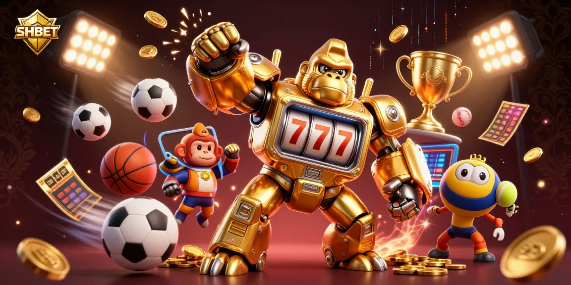 Experience thrilling gaming with SHBET's dynamic golden gorilla mech and vibrant sports elements.
