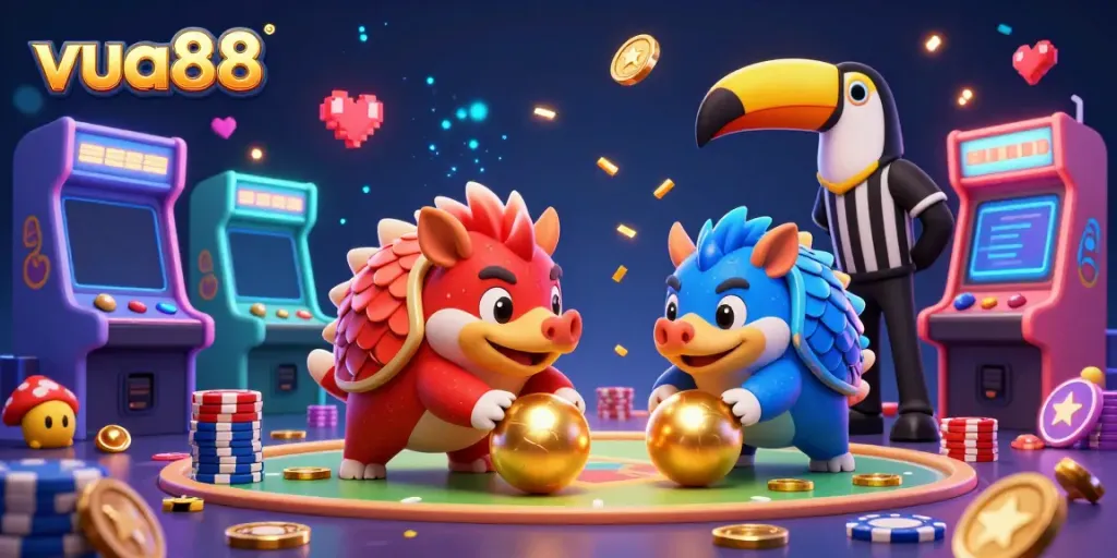 Bowling pangolins and a toucan referee celebrate casino fun at vua88 with gold coins and poker chips.