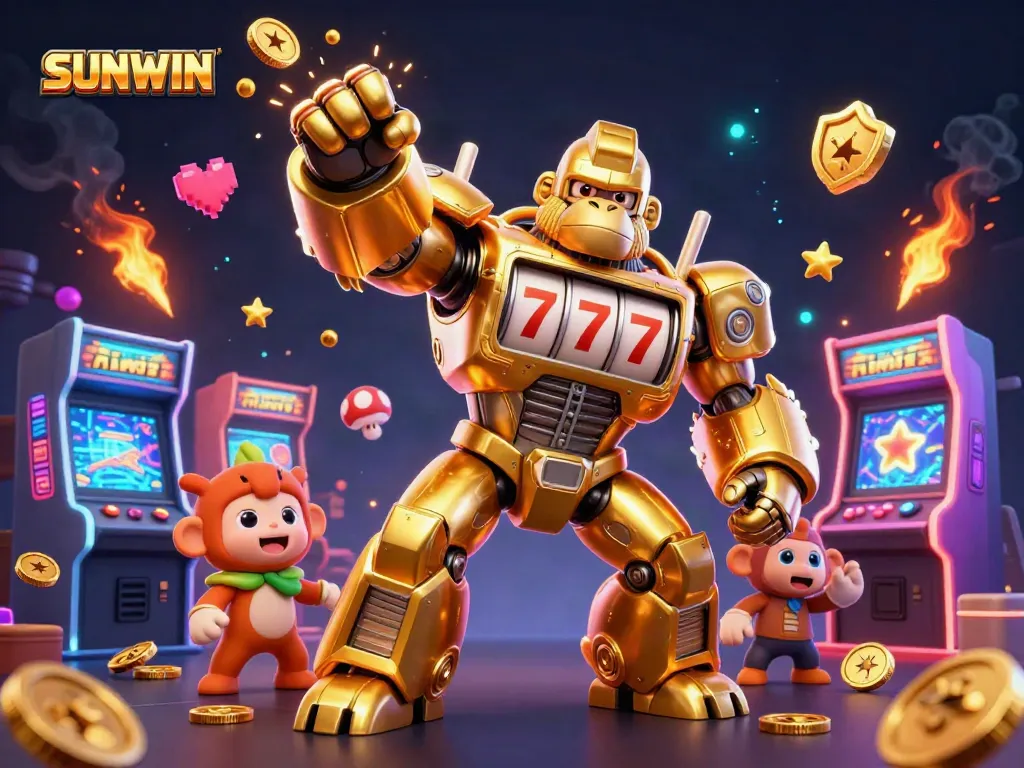Engage with SUNWIN through a vibrant, dynamic casino scene featuring a golden gorilla mech.