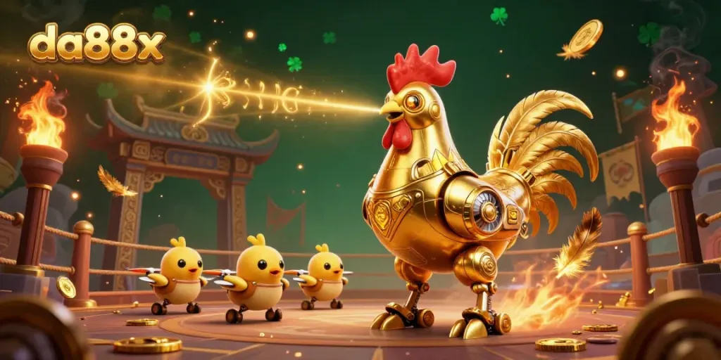 Join the da88x adventure with our golden rooster robot and chick drones in a vibrant casino arena.