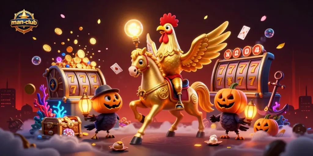 Experience the thrill of winning with man-club's vibrant casino scene featuring a golden rooster and lucky elements.