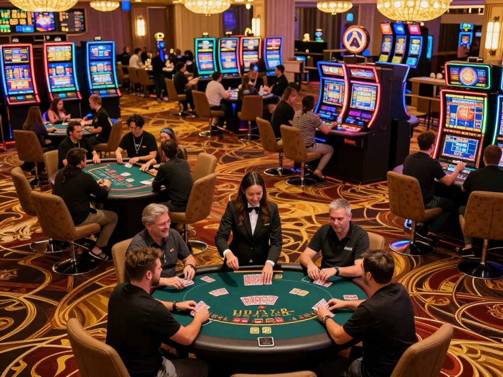 bästa casino utan svensk licens med en spännande casinoscen med spelare vid borden och livliga spelautomater