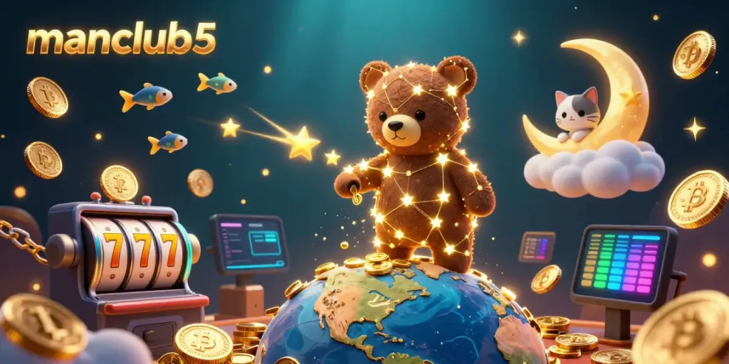 Experience manclub5's cosmic casino with vibrant characters and glowing crypto elements.