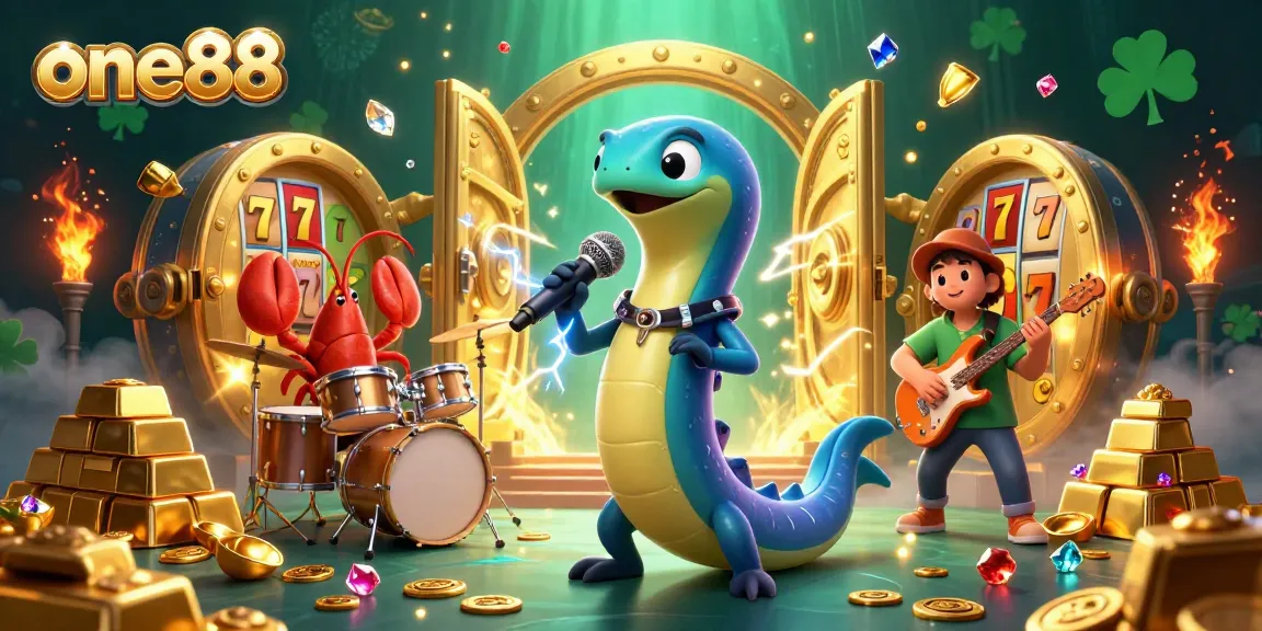 Join the lively electric eel DJ and his band at the underwater one88 casino stage, featuring rich gold and gem treasures.