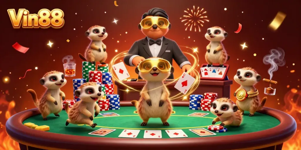 Vin88 promotes lively gameplay in a dynamic meerkat casino scene filled with excitement.