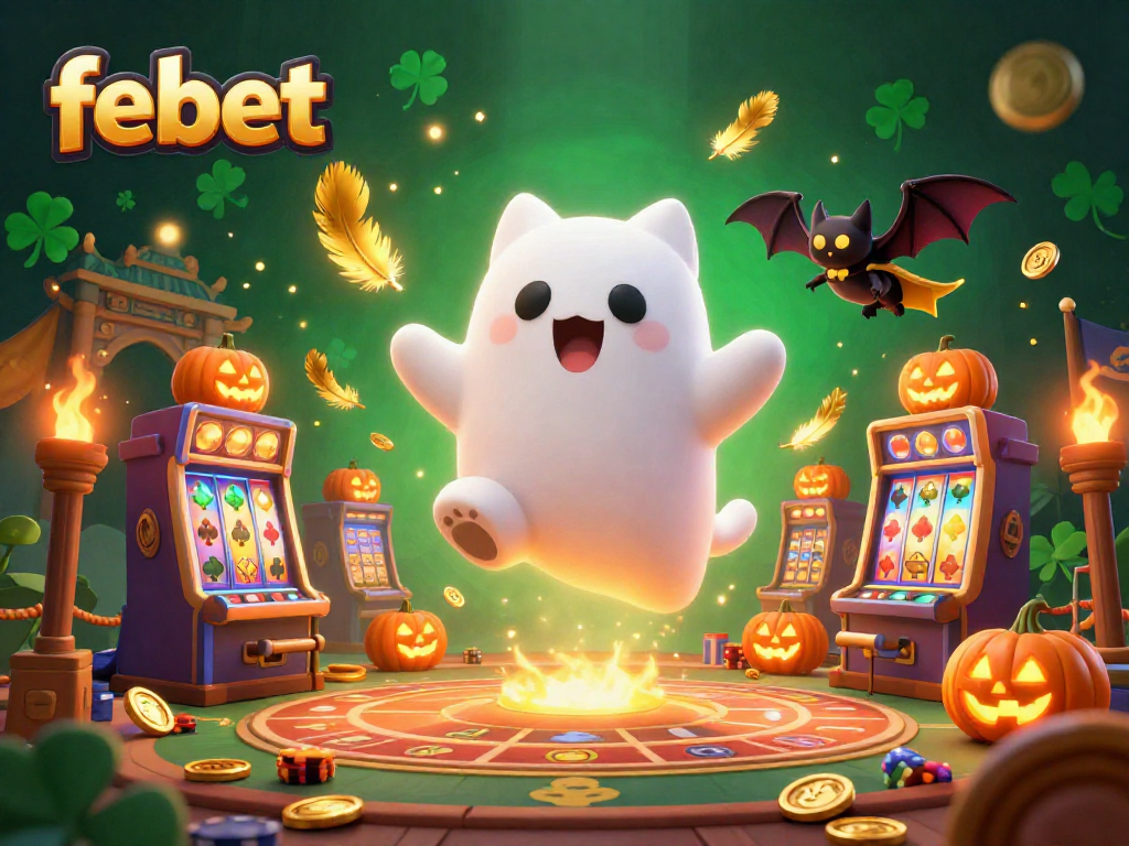 Win big at febet in this vibrant casino scene of a friendly ghost cat and vampire bat.