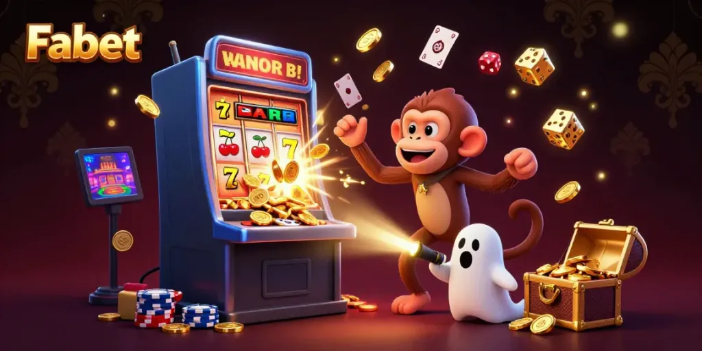 Fabet showcases a vibrant casino scene with a playful monkey and a curious puppy amidst a jackpot explosion.