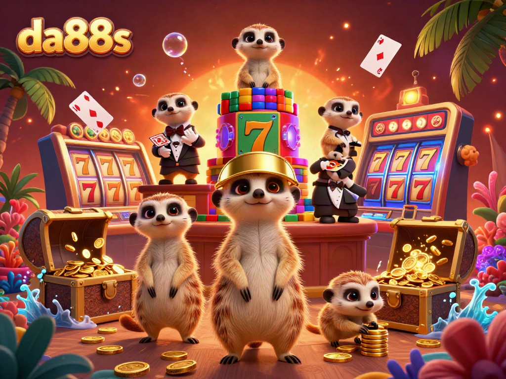 Experience the thrilling da88s casino atmosphere with colorful slot reels and lively meerkats at the tables.