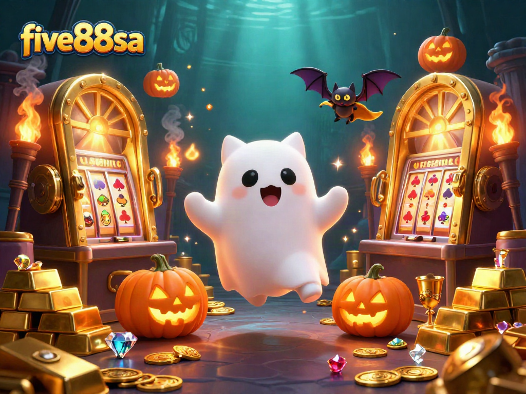 Engage with five88sa at a vibrant haunted casino scene featuring a ghost cat and treasures.
