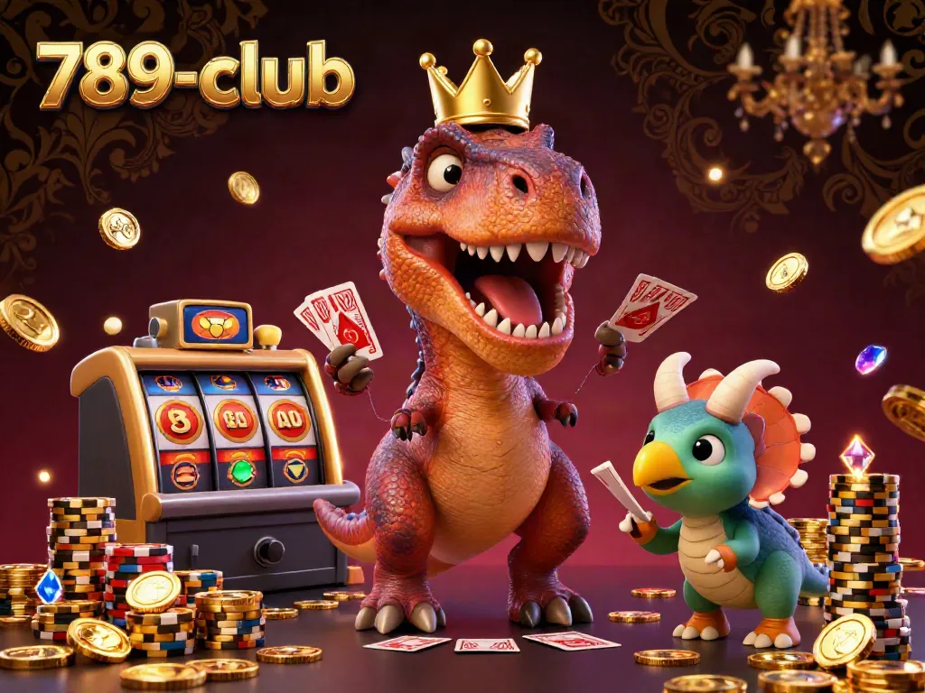 Engage with the exciting 789-club casino scene featuring cartoon dinosaurs playing cards amidst sparkling riches.