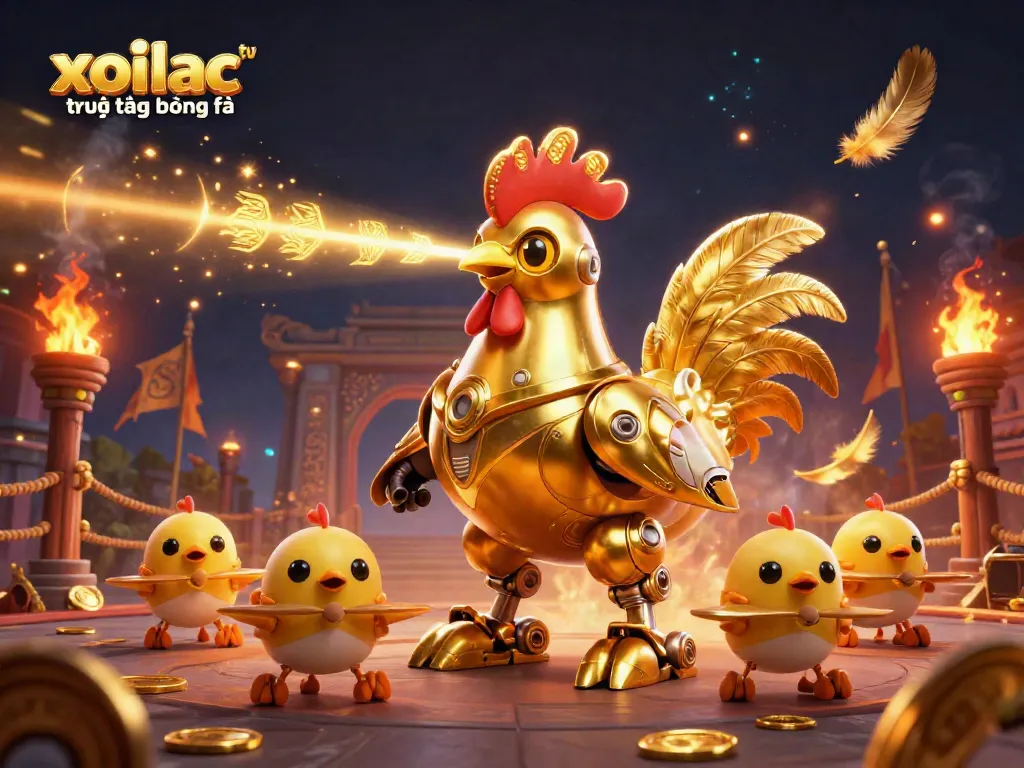 Experience xoilac tv trực tiếp bóng đá with a golden rooster robot leading baby chick drones in a dynamic gaming arena.