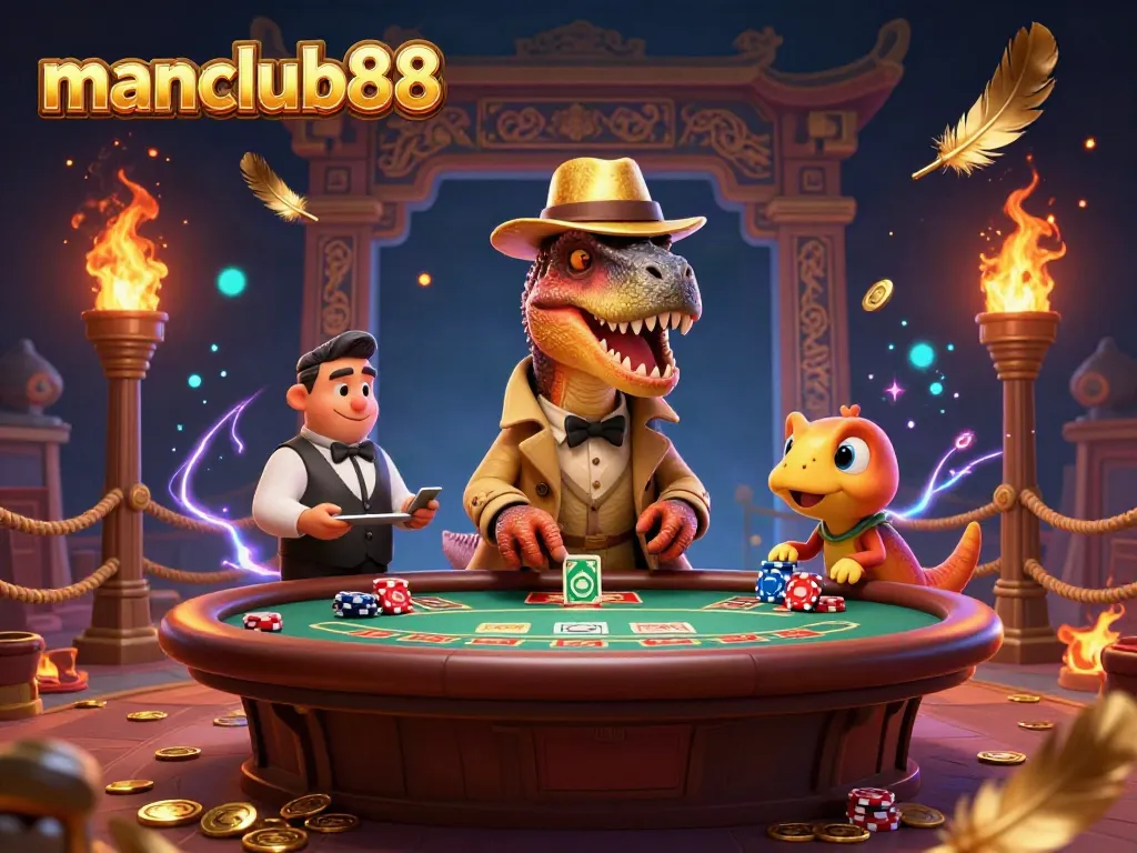 Experiencing manclub88 excitement with a velociraptor card counter, vibrant casino scene.