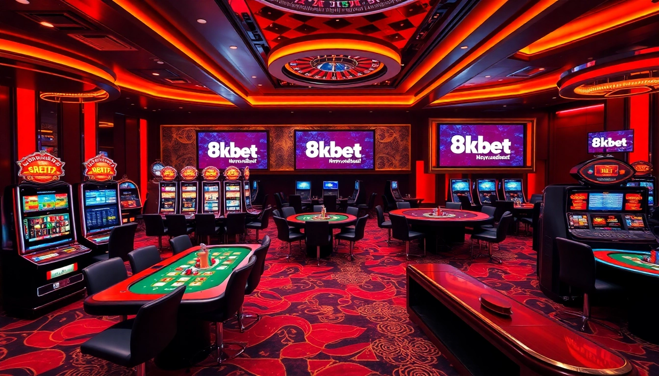 Experience thrilling games at https://8kbet.hair/, showcasing vibrant casino elements like tables and slots.