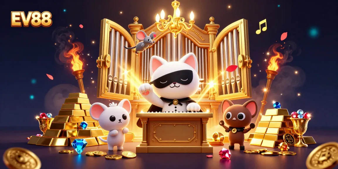 Spin and win at EV88 casino with a whimsical scene featuring a phantom cat and treasures.