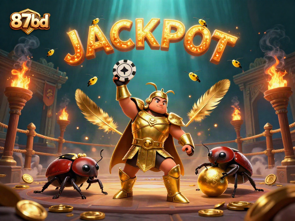 Explore 87bd's jackpot scene with a victorious beetle and golden gaming elements.