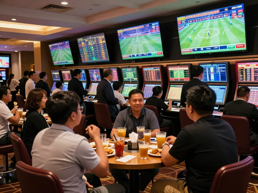 Engaged fans checking kèo nhà cái hôm nay while enjoying sports betting in lively casino environment.