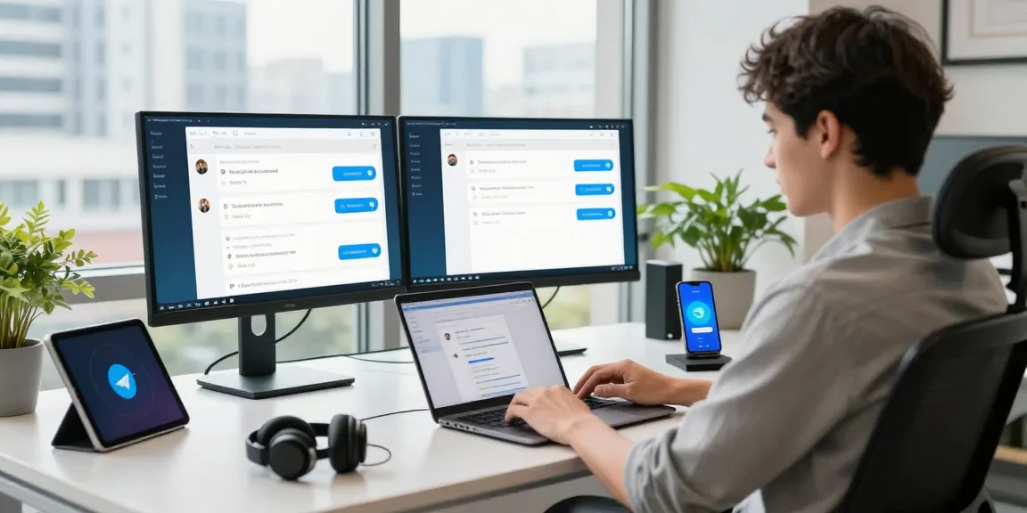 Download Telegram app on a laptop in a modern office workspace.