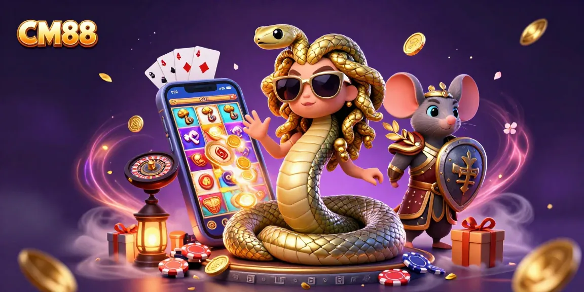 Experience a lively game scene at CM88 with Medusa and a warrior mouse amidst vibrant casino elements.